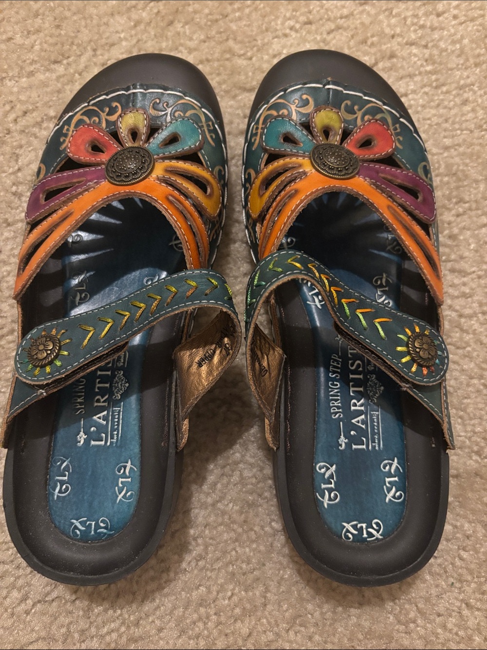 L'ATISTE Teal Floral Multi-Color Mary Jane Leather Clogs